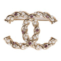 Chanel Twisted CC Crystal and Faux Pearl Brooch Light Pink Gold Metal
