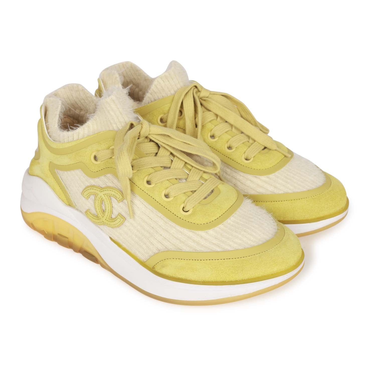 Chanel CC Lowtop Sneakers Off-White Knit and Light Green Suede 35