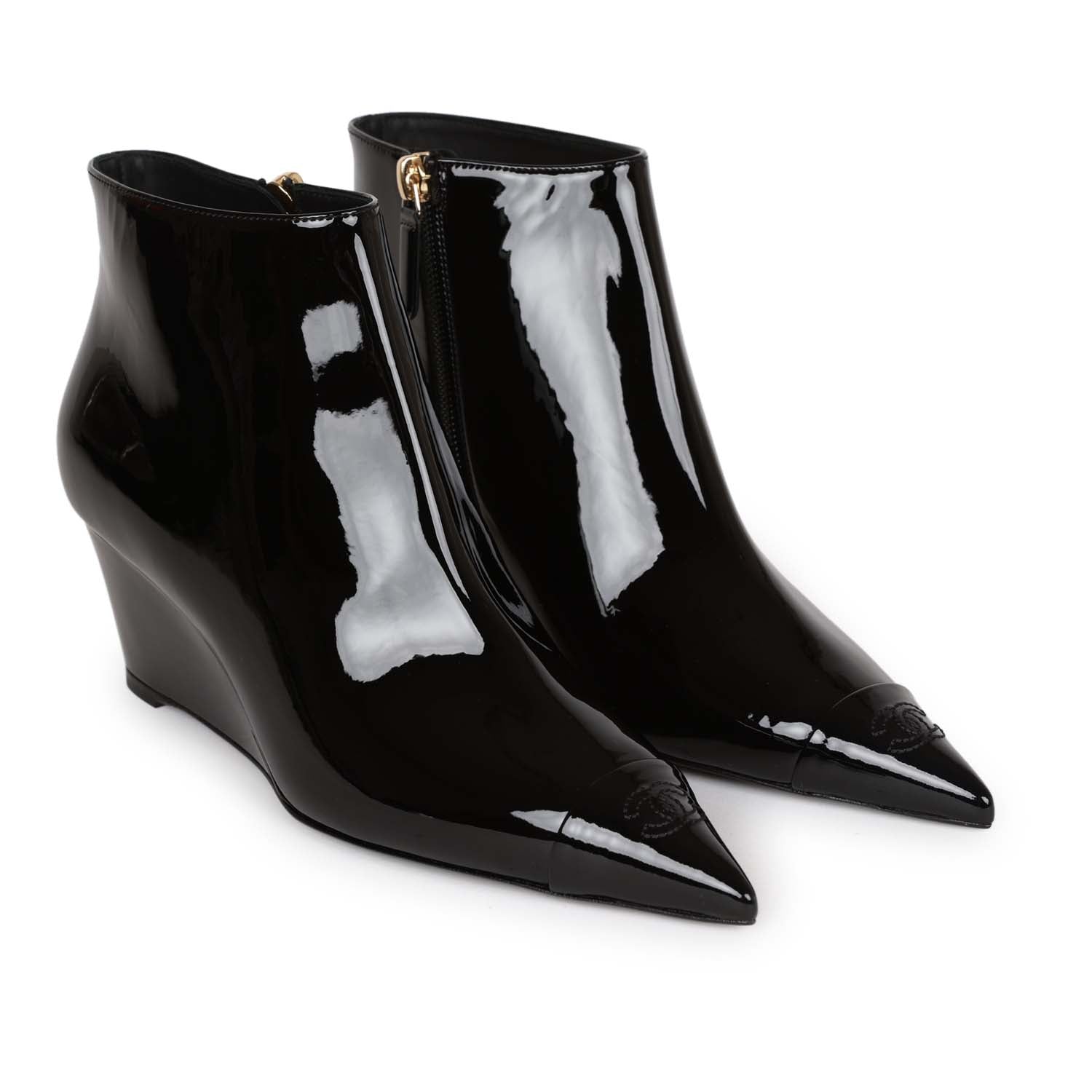 Chanel CC Wedge Ankle Boots Black Patent Leather 36.5