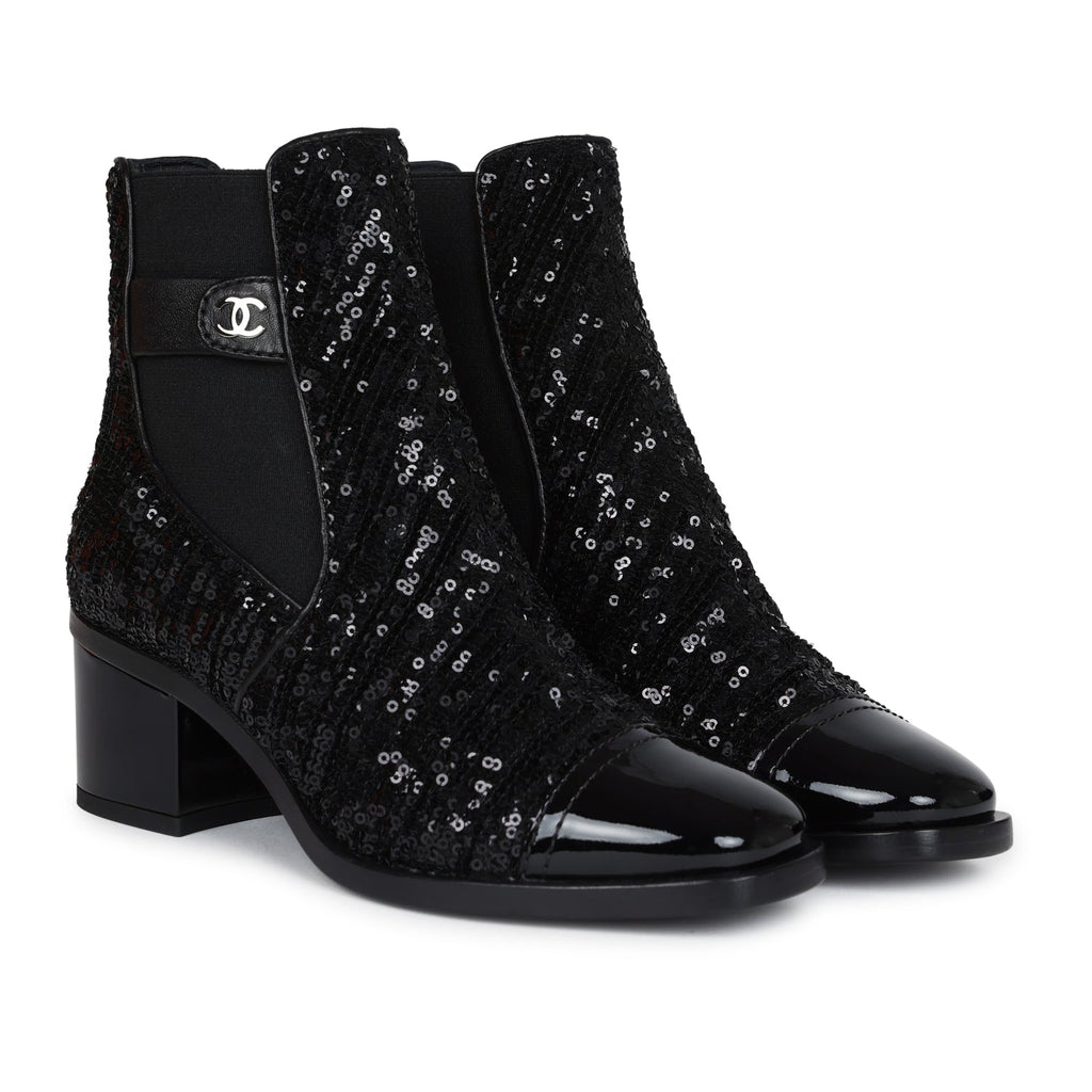Chanel Cap Toe Ankle Boots Black Sequin Patent EU 35.5