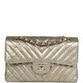 Chanel Small Chevron Double Flap Bag Gold Metallic Patent Aged Calfskin Light Gold Hardware