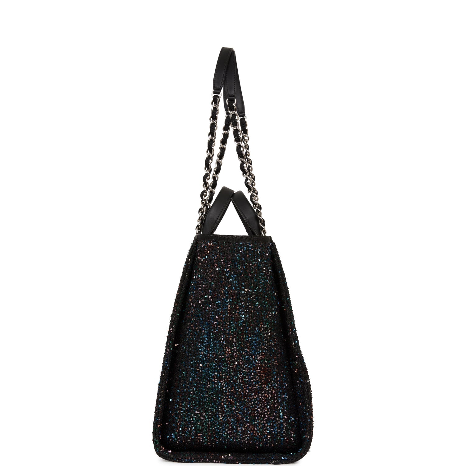 Chanel Large Deauville Shopping Bag Black Sequin Boucle Silver Hardware