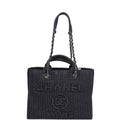 Chanel Small Striped Deauville Shopping Tote Navy Blue and White Denim Light Gold Hardware