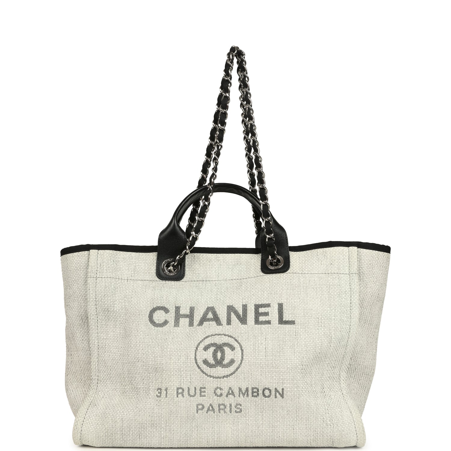 Pre-owned Chanel Medium Deauville Shopping Tote Light Grey Raffia and Canvas Silver Hardware
