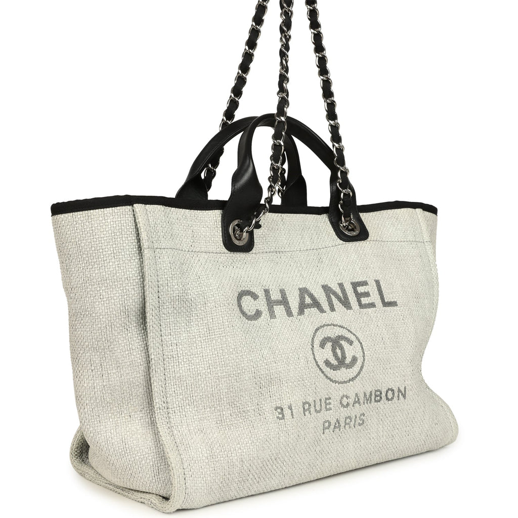 Pre-owned Chanel Medium Deauville Shopping Tote Light Grey Raffia and Canvas Silver Hardware