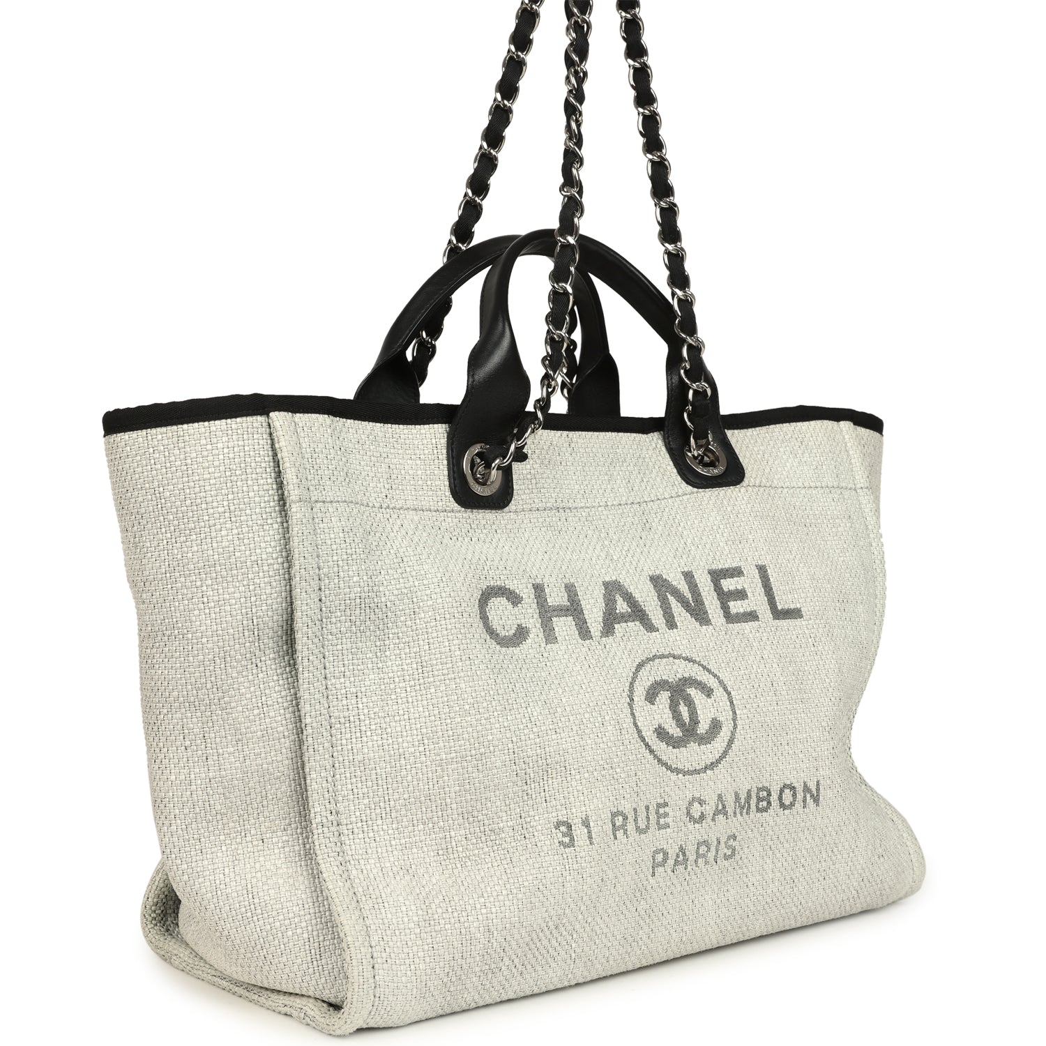 Pre-owned Chanel Medium Deauville Shopping Tote Light Grey Raffia and Canvas Silver Hardware