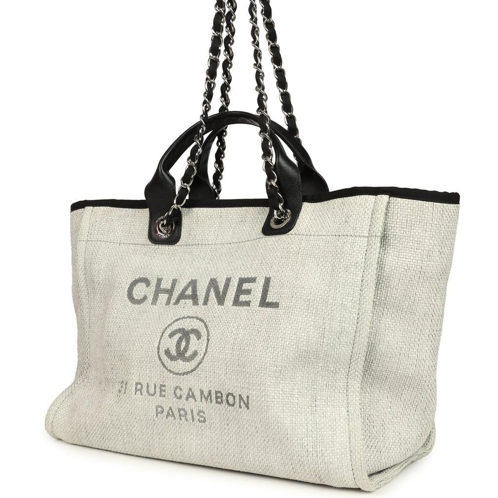 Pre-owned Chanel Medium Deauville Shopping Tote Light Grey Raffia and Canvas Silver Hardware