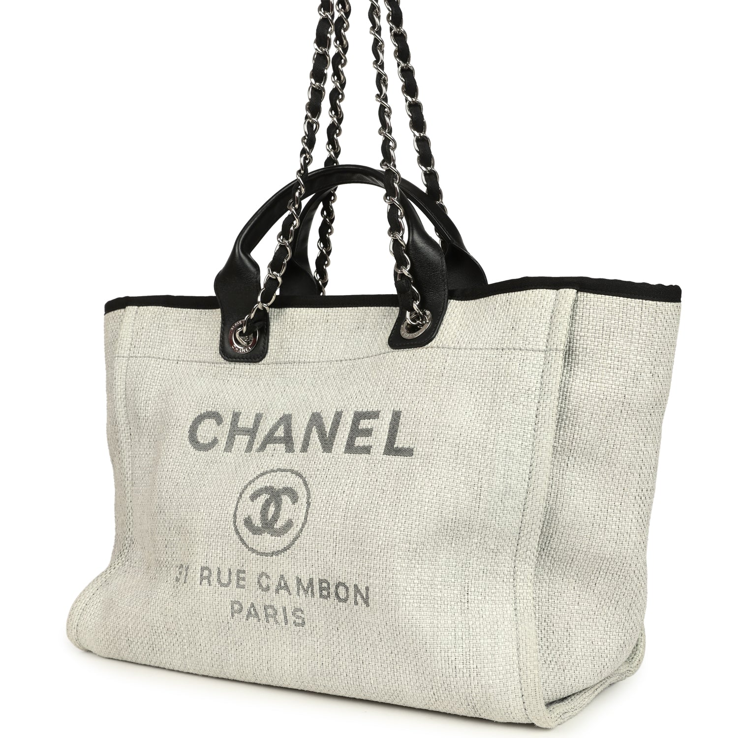 Pre-owned Chanel Medium Deauville Shopping Tote Light Grey Raffia and Canvas Silver Hardware