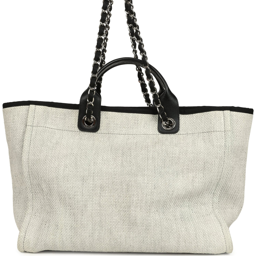 Pre-owned Chanel Medium Deauville Shopping Tote Light Grey Raffia and Canvas Silver Hardware