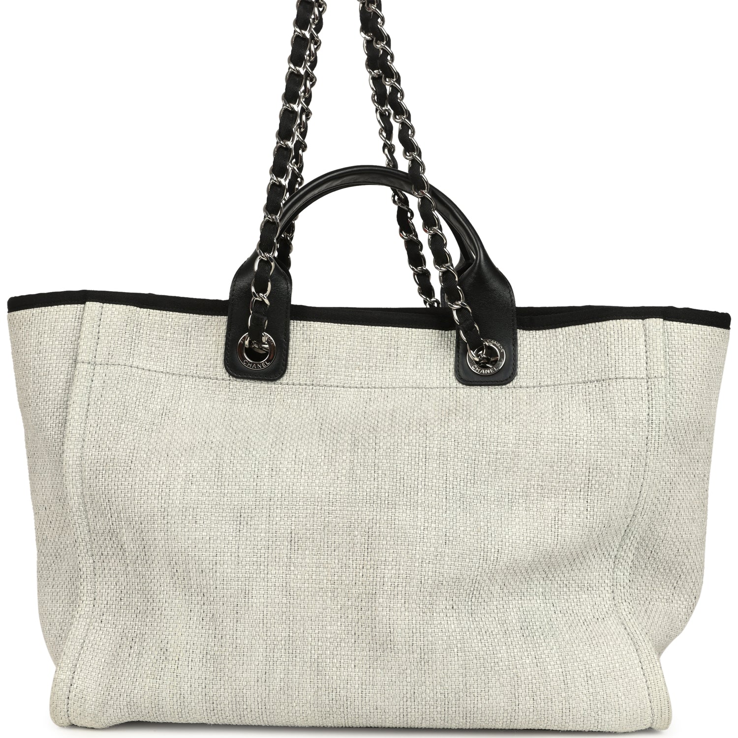 Pre-owned Chanel Medium Deauville Shopping Tote Light Grey Raffia and Canvas Silver Hardware