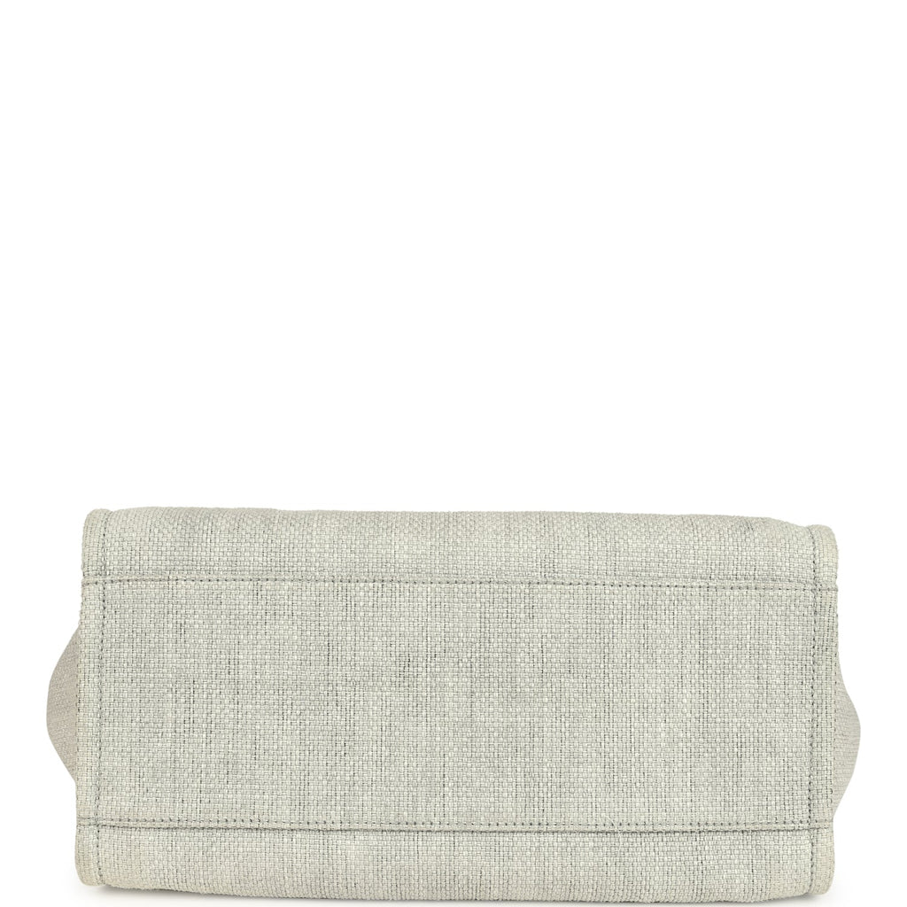 Pre-owned Chanel Medium Deauville Shopping Tote Light Grey Raffia and Canvas Silver Hardware