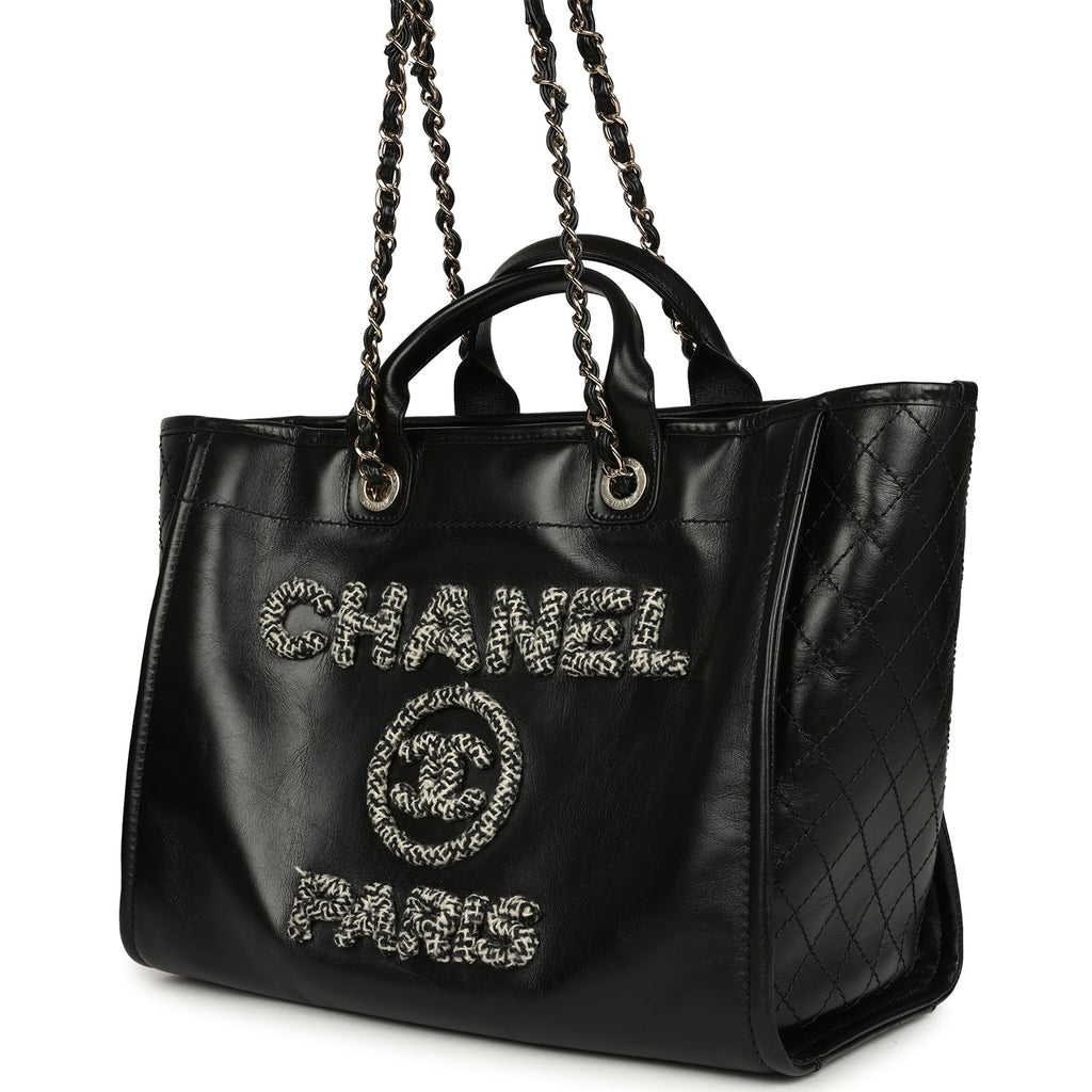 Pre-owned Chanel Medium Deauville Shopping Tote Black Crumpled Calfskin and Tweed Gold Hardware