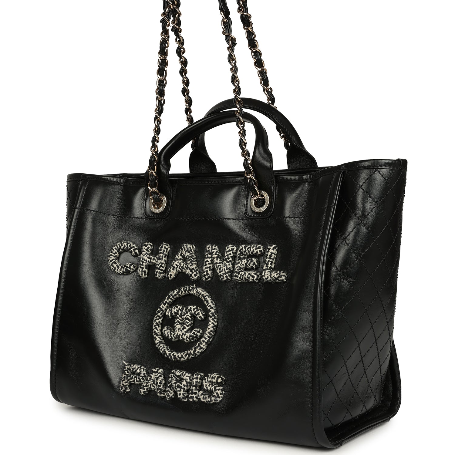 Pre-owned Chanel Medium Deauville Shopping Tote Black Crumpled Calfskin and Tweed Gold Hardware