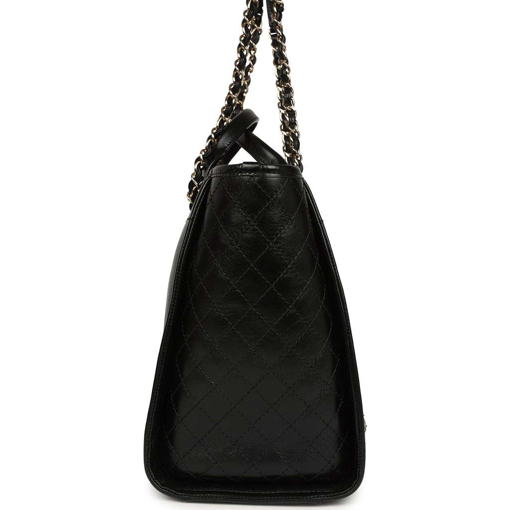 Pre-owned Chanel Medium Deauville Shopping Tote Black Crumpled Calfskin and Tweed Gold Hardware