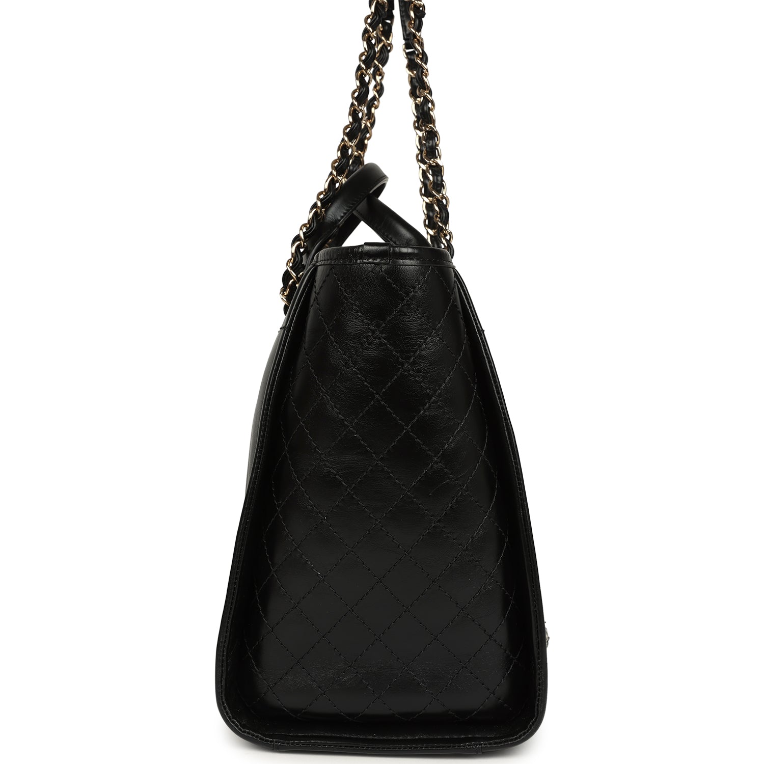 Pre-owned Chanel Medium Deauville Shopping Tote Black Crumpled Calfskin and Tweed Gold Hardware