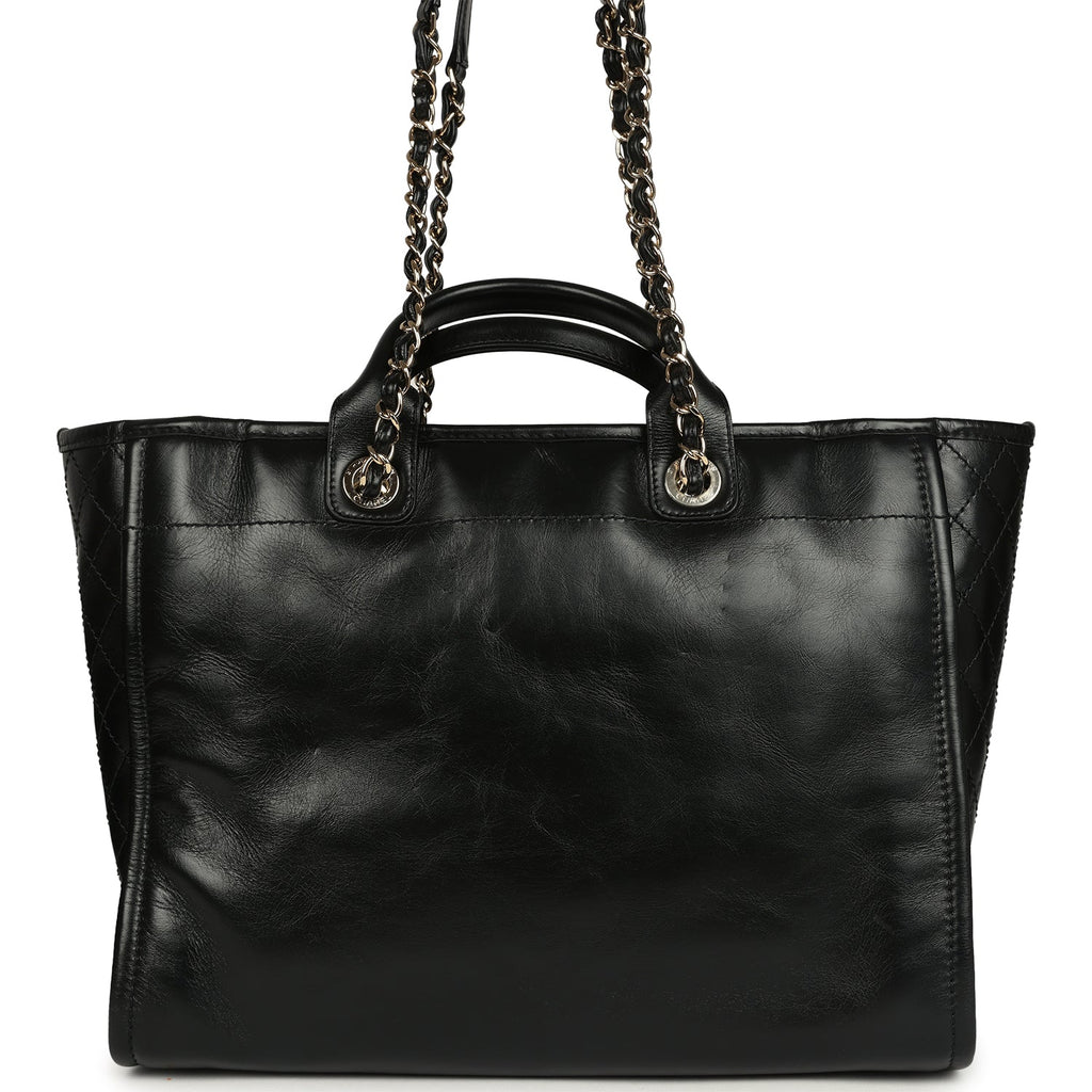 Pre-owned Chanel Medium Deauville Shopping Tote Black Crumpled Calfskin and Tweed Gold Hardware