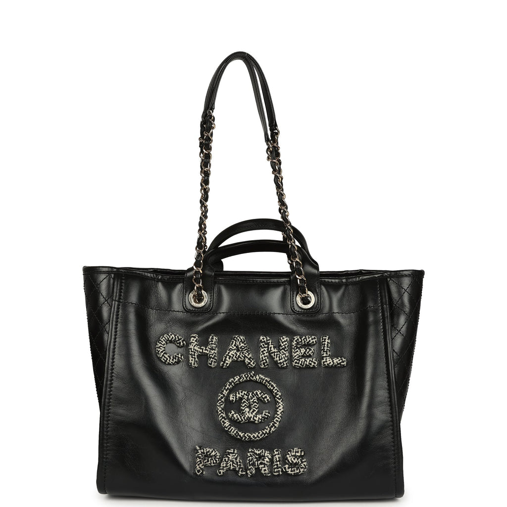 Pre-owned Chanel Medium Deauville Shopping Tote Black Crumpled Calfskin and Tweed Gold Hardware
