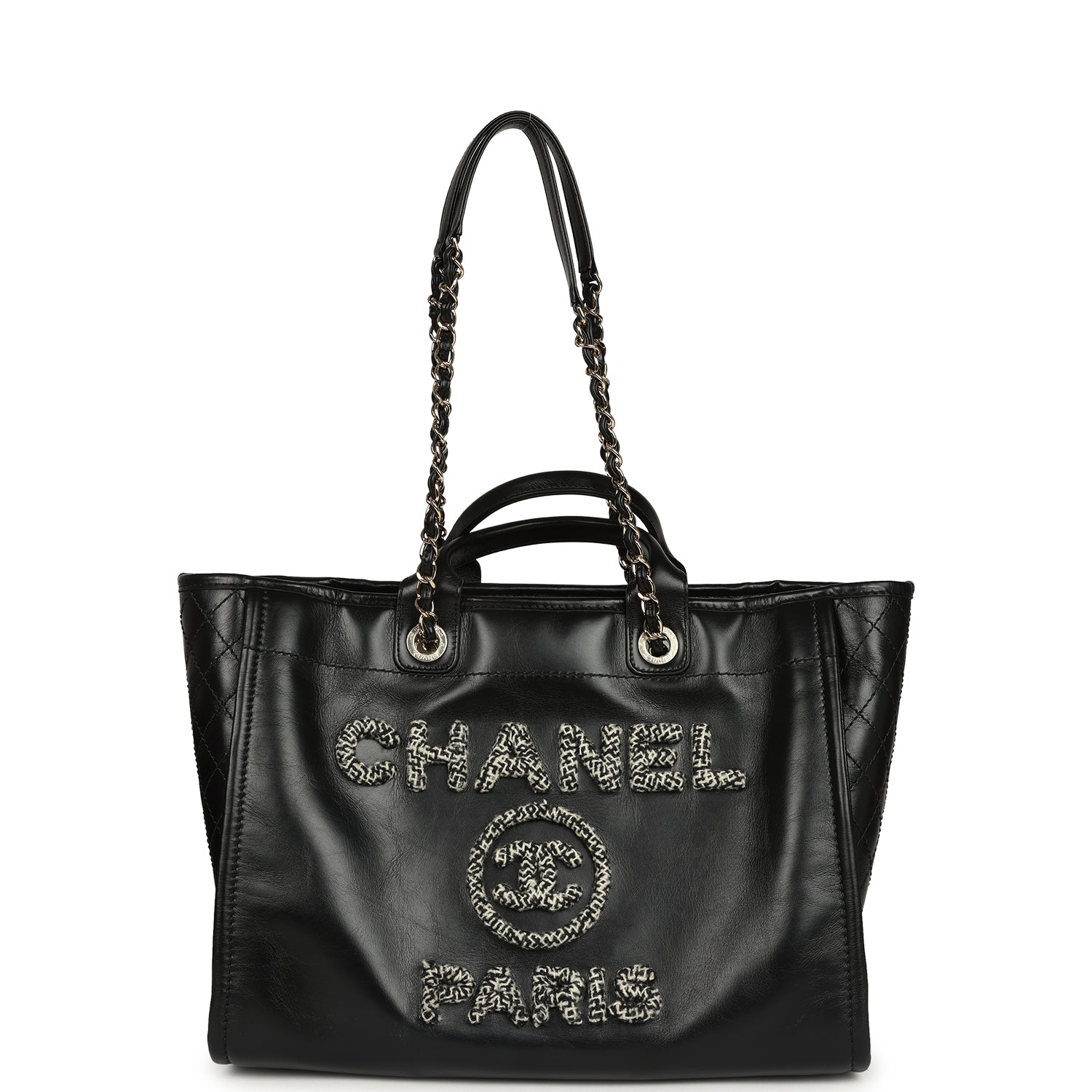 Pre-owned Chanel Medium Deauville Shopping Tote Black Crumpled Calfskin and Tweed Gold Hardware