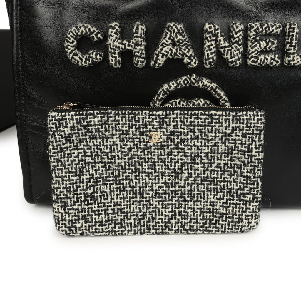 Pre-owned Chanel Medium Deauville Shopping Tote Black Crumpled Calfskin and Tweed Gold Hardware