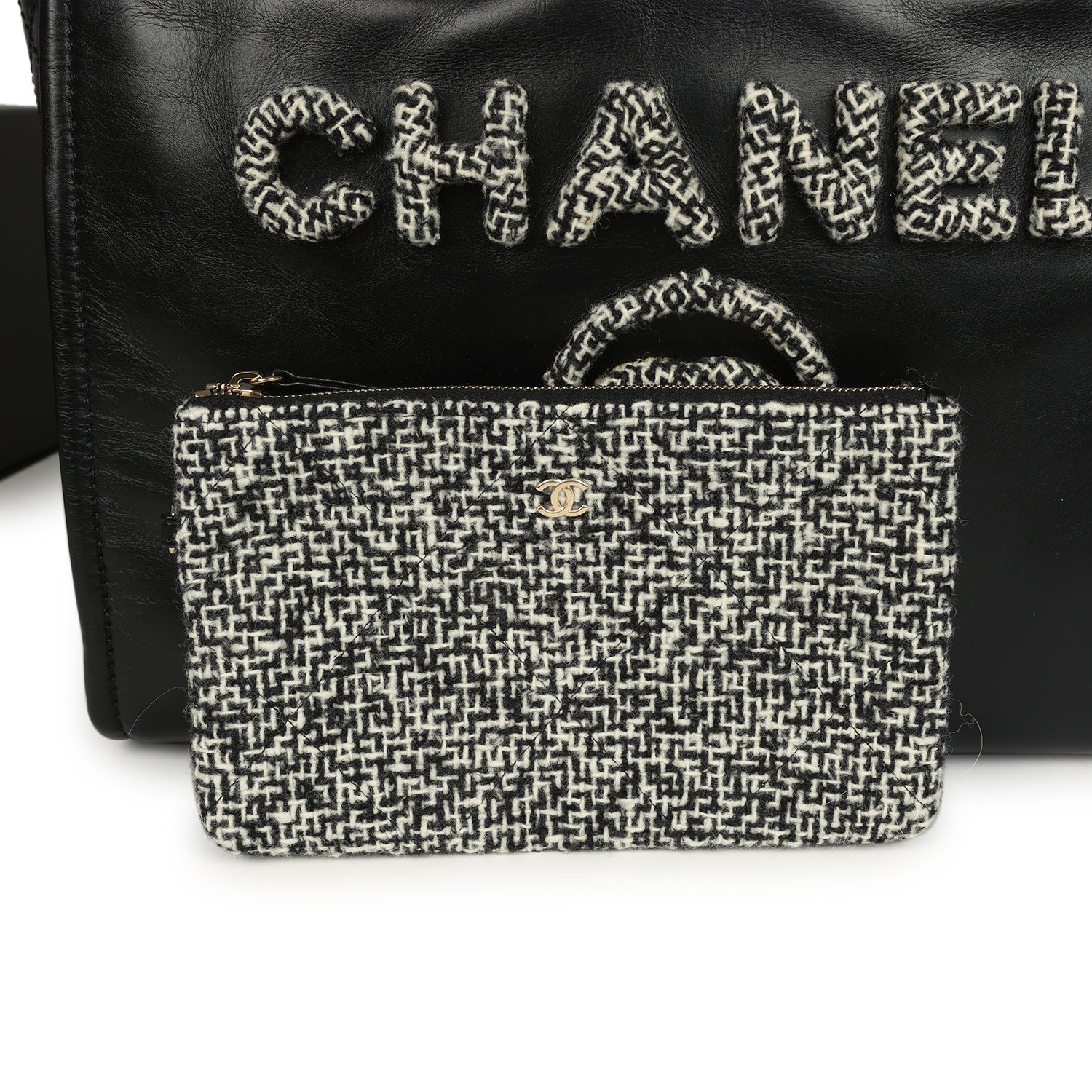 Pre-owned Chanel Medium Deauville Shopping Tote Black Crumpled Calfskin and Tweed Gold Hardware