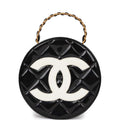 Chanel Vintage Round Vanity Bag Black and White Patent Leather Antique Gold Hardware