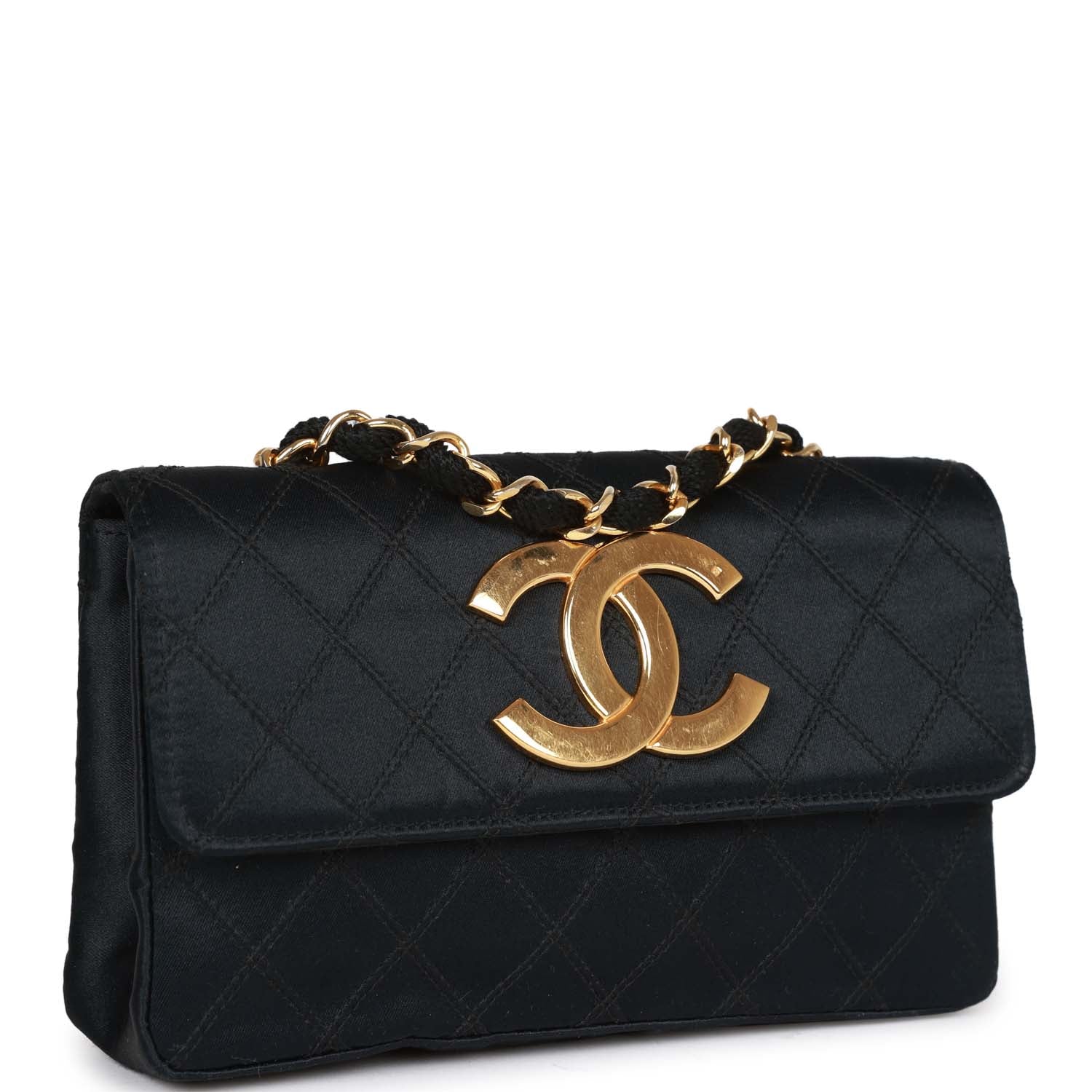 Chanel Vintage CC Shoulder Flap Bag Black Satin Gold Hardware