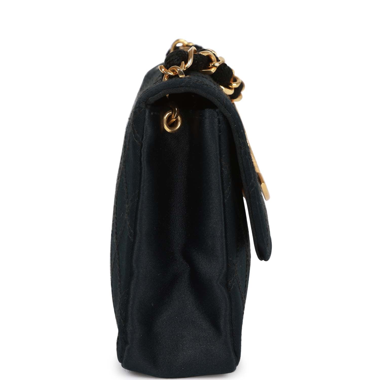 Chanel Vintage CC Shoulder Flap Bag Black Satin Gold Hardware