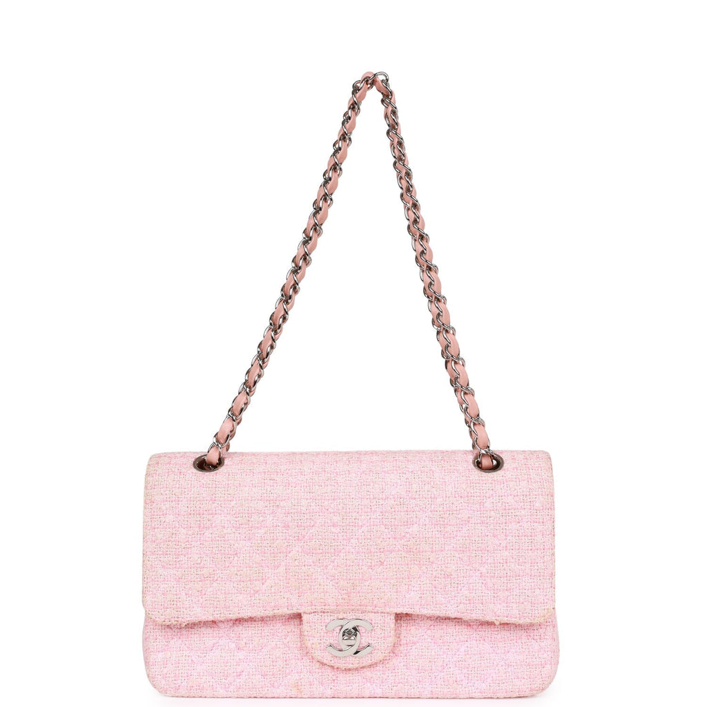 Chanel Vintage Medium Classic Double Flap Bag Pink Tweed Silver Hardware