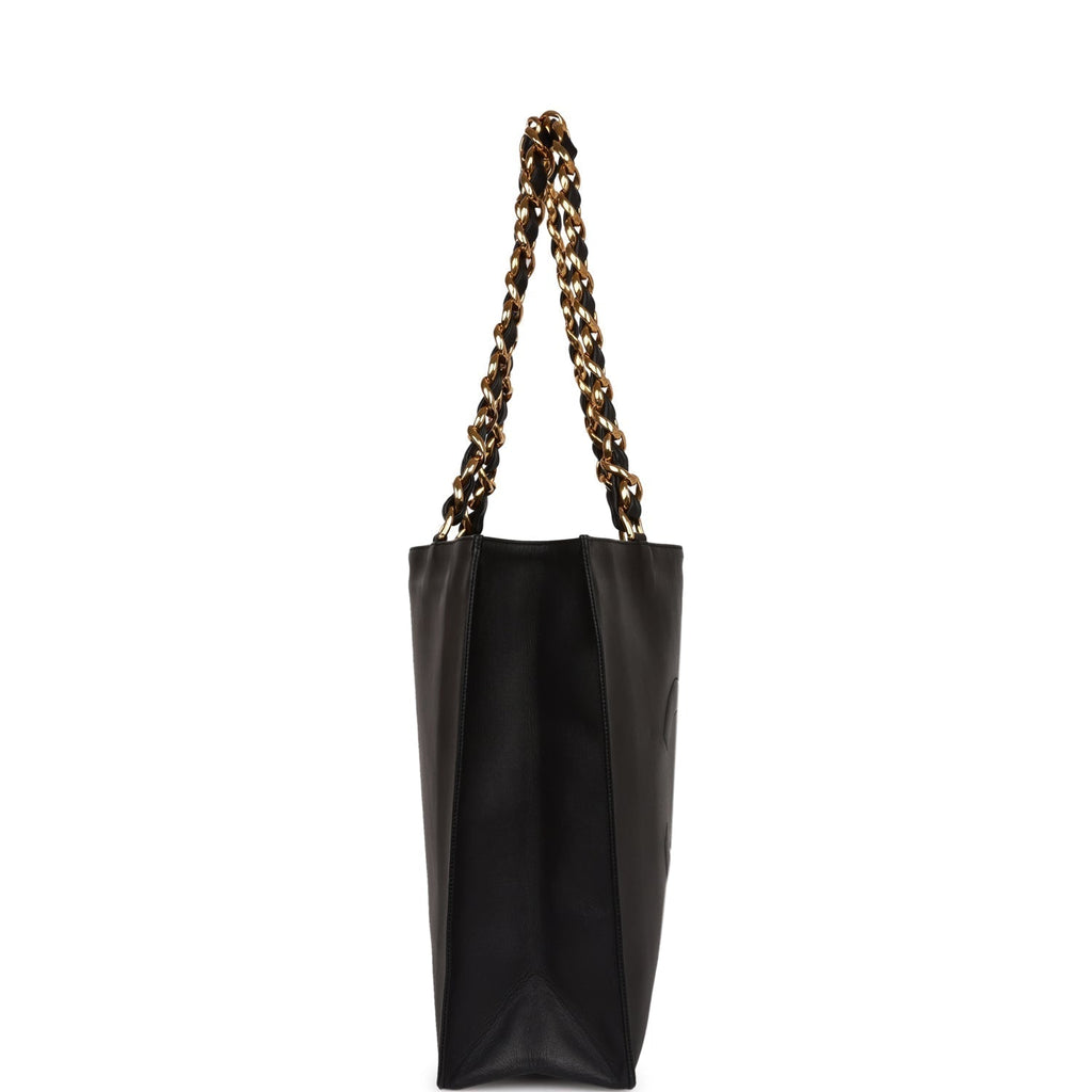 Chanel Vintage CC Chain Shopping Tote Bag Black Lambskin Gold Hardware