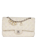 Chanel Vintage Medium Double Flap Bag White Tweed Silver Hardware