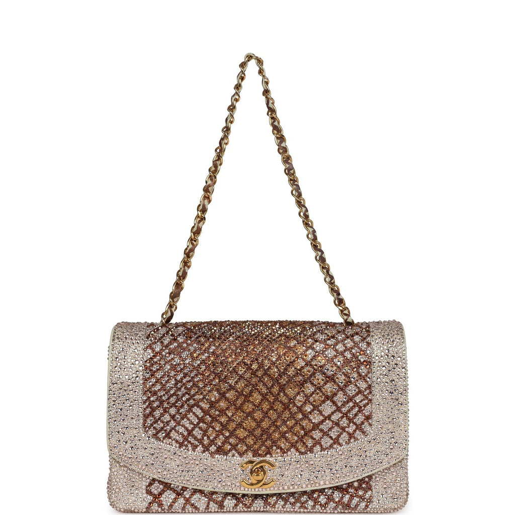 Custom Swarovski Crystal Chanel Vintage Medium Diana Flap Bag Beige Lambskin Gold Hardware
