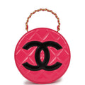 Chanel Vintage Round Vanity Bag Pink and Black Patent Leather Antique Gold Hardware