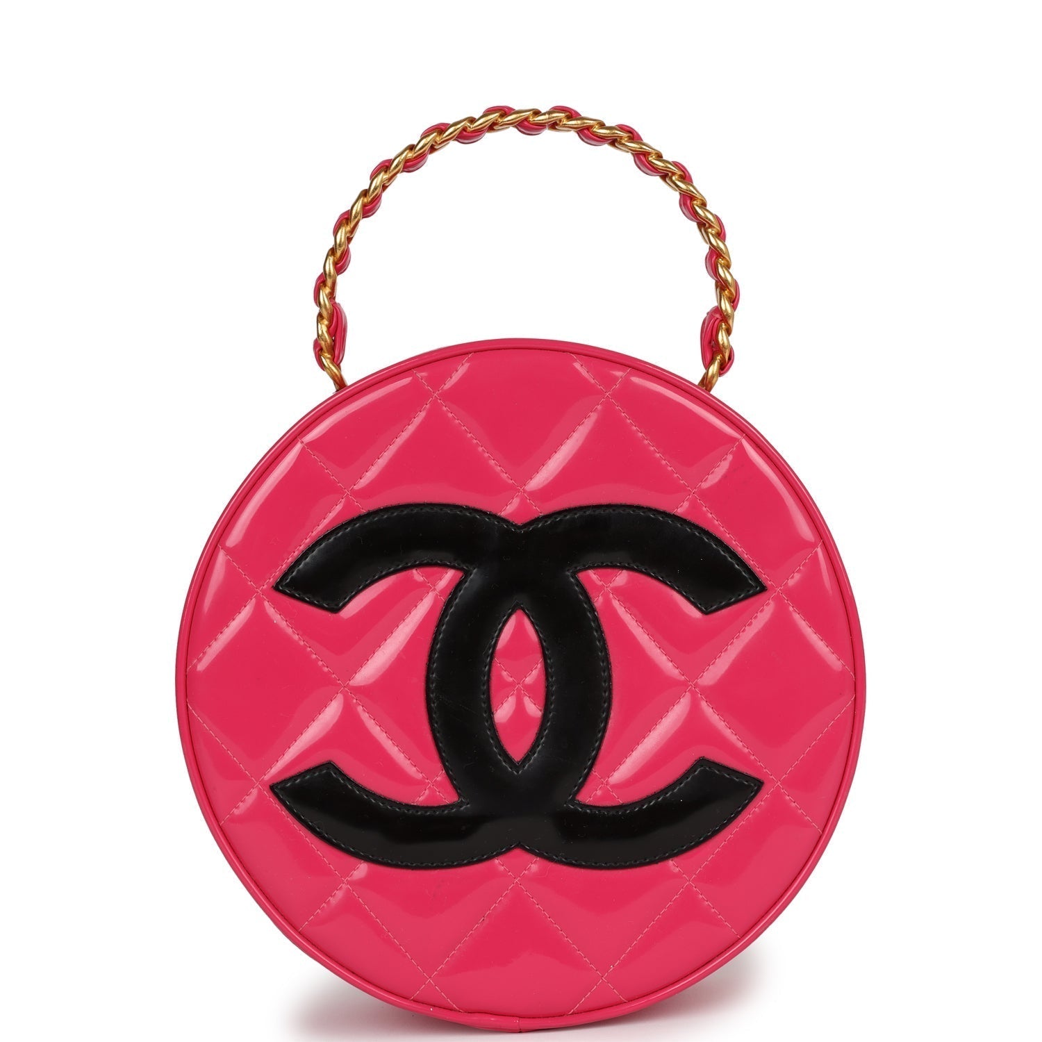 Chanel Vintage Round Vanity Bag Pink and Black Patent Leather Antique Gold Hardware