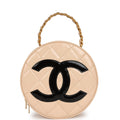 Vintage Chanel Round Vanity Bag Beige and Black Patent Leather Antique Gold Hardware
