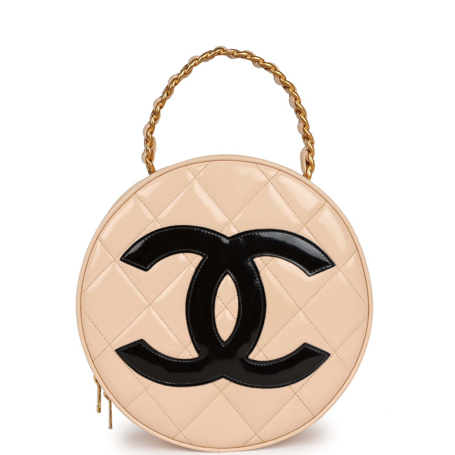 Vintage Chanel Round Vanity Bag Beige and Black Patent Leather Antique Gold Hardware