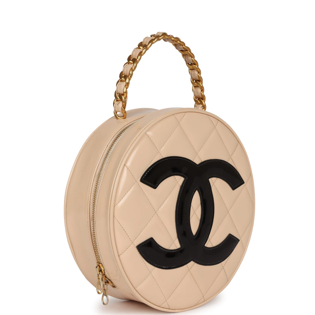 Vintage Chanel Round Vanity Bag Beige and Black Patent Leather Antique Gold Hardware