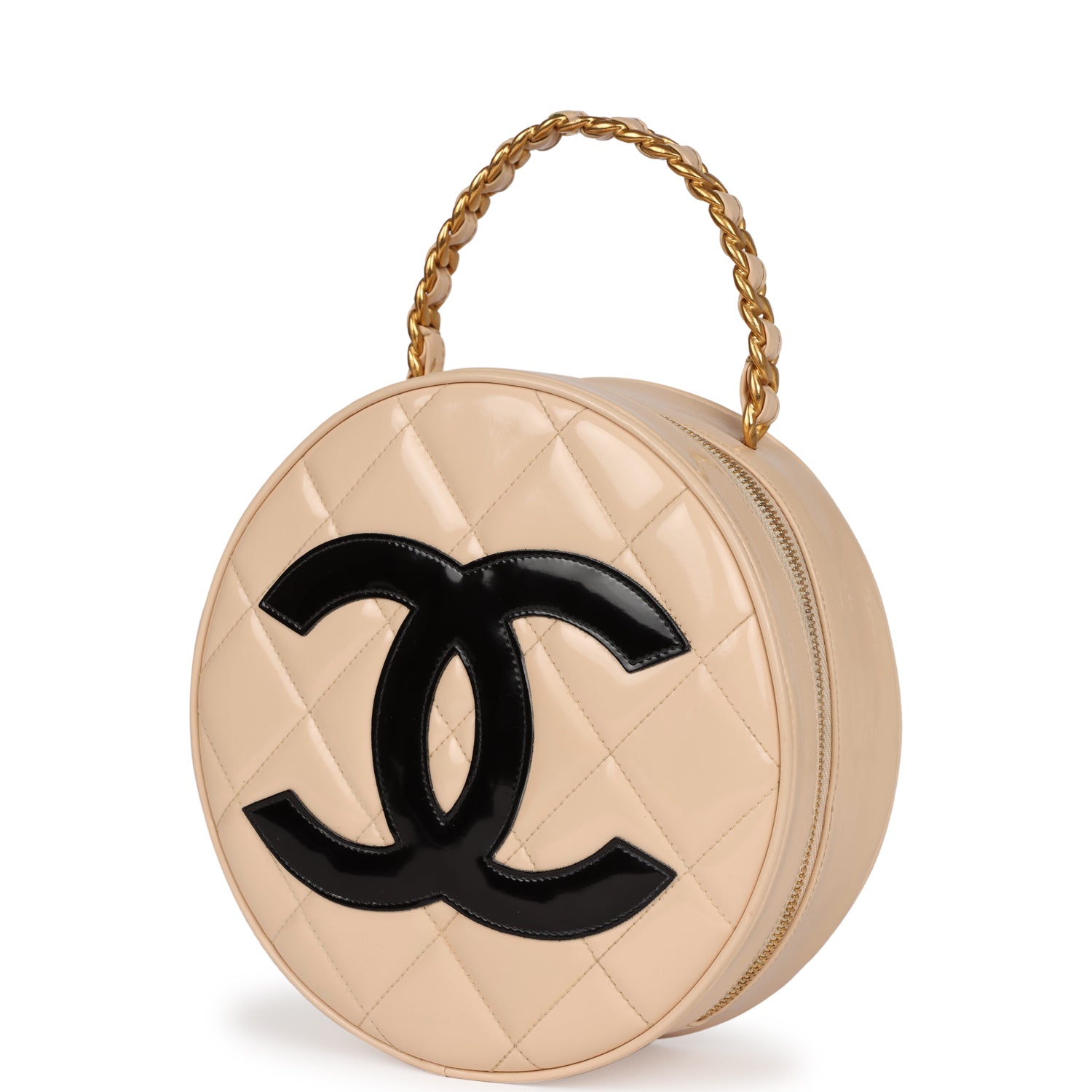 Vintage Chanel Round Vanity Bag Beige and Black Patent Leather Antique Gold Hardware
