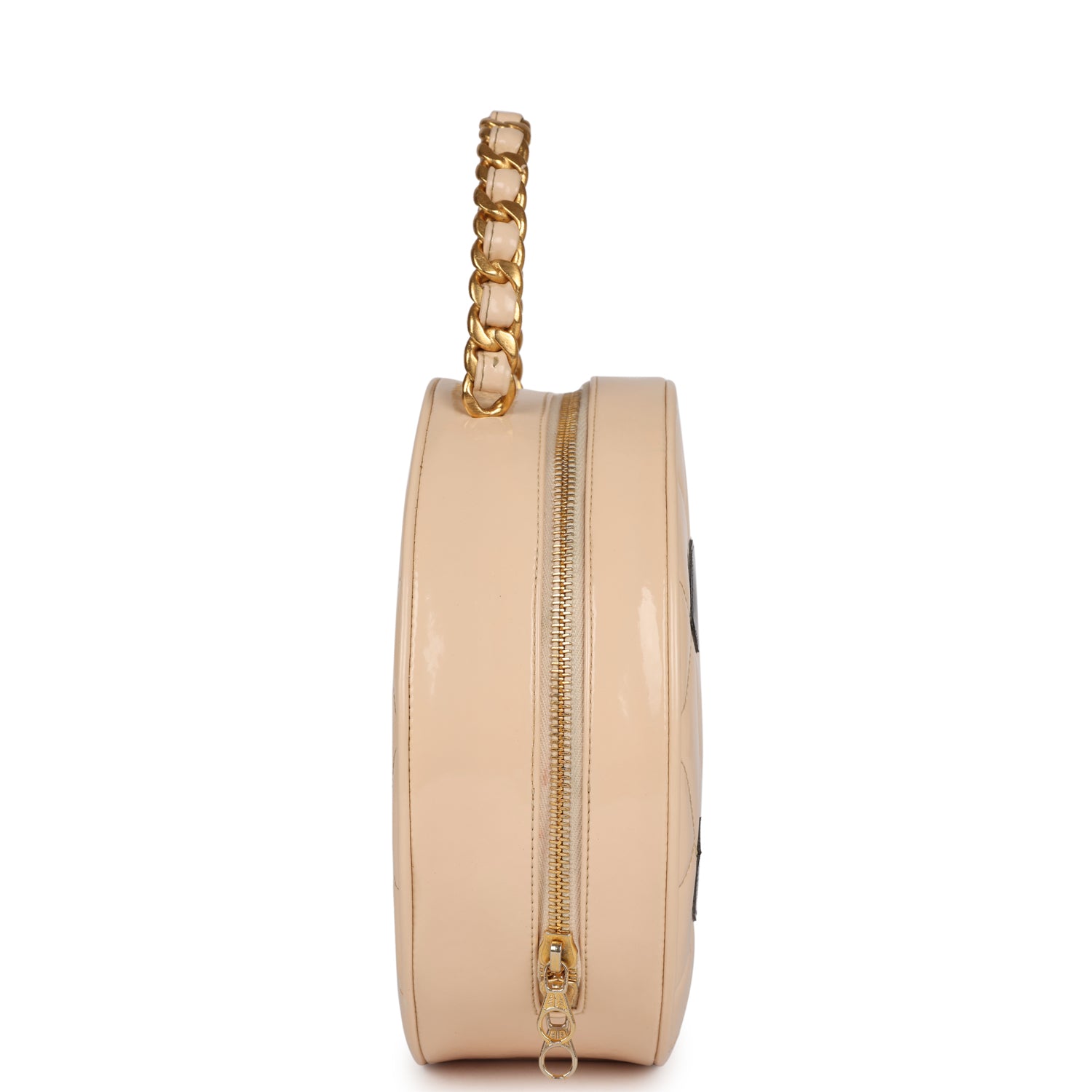 Vintage Chanel Round Vanity Bag Beige and Black Patent Leather Antique Gold Hardware