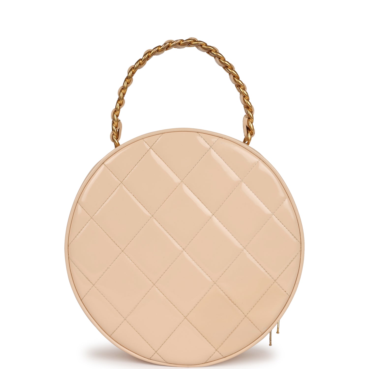 Vintage Chanel Round Vanity Bag Beige and Black Patent Leather Antique Gold Hardware