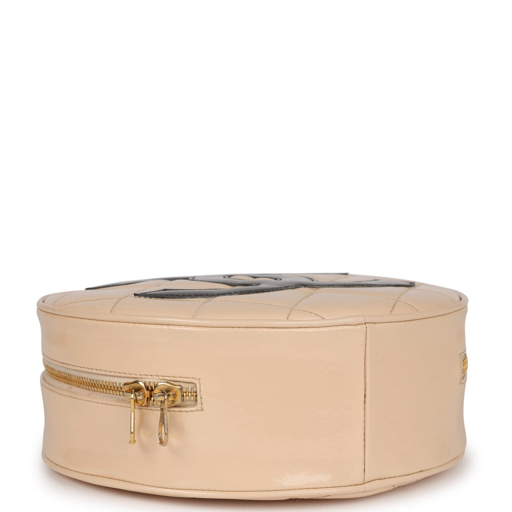 Vintage Chanel Round Vanity Bag Beige and Black Patent Leather Antique Gold Hardware