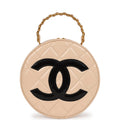 Chanel Vintage Round Vanity Bag Beige and Black Patent Leather Antique Gold Hardware