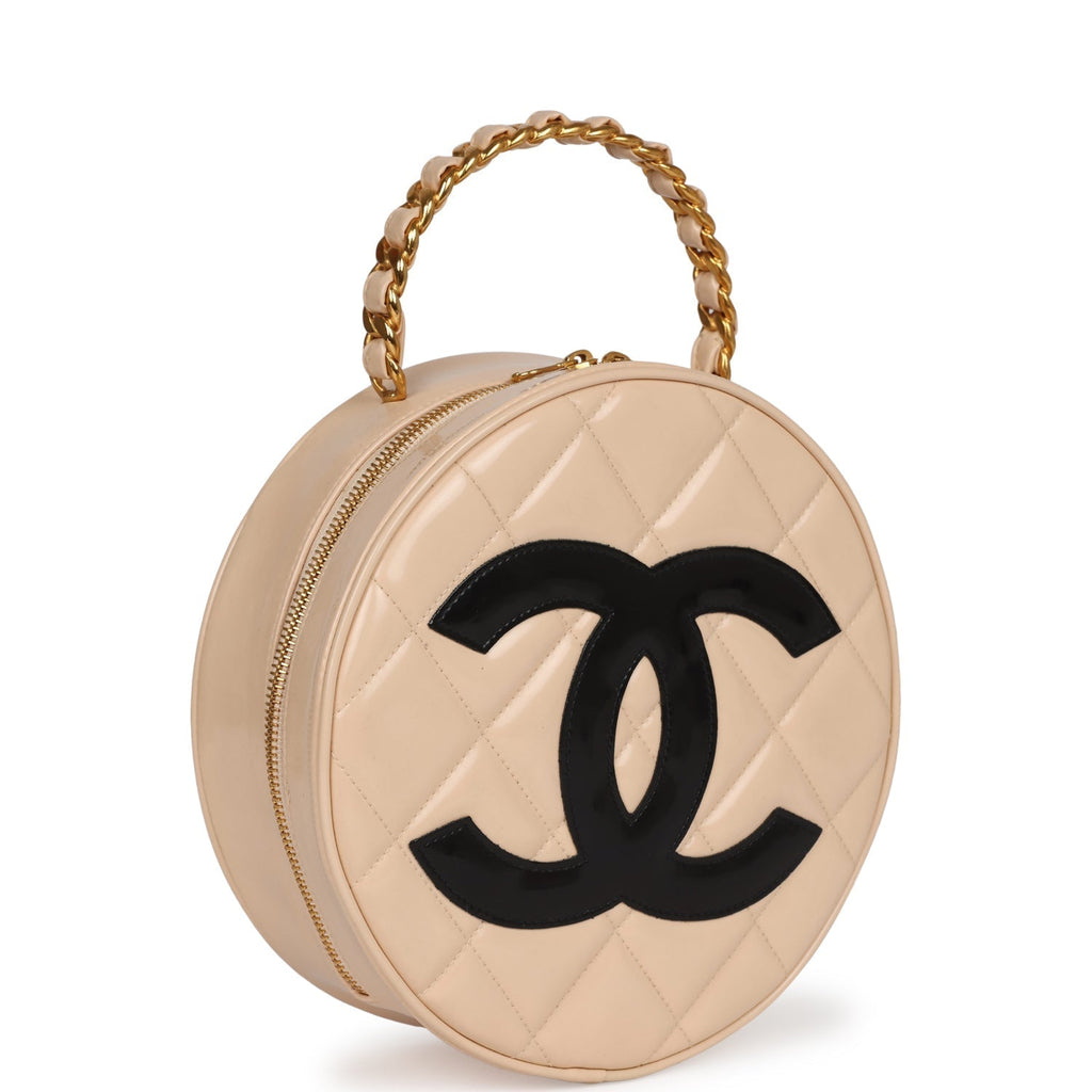 Chanel Vintage Round Vanity Bag Beige and Black Patent Leather Antique Gold Hardware
