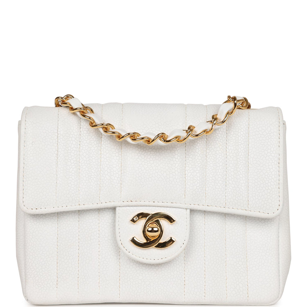 Chanel Vintage Mini Square Flap Vertical Stripe White Caviar Gold Hardware