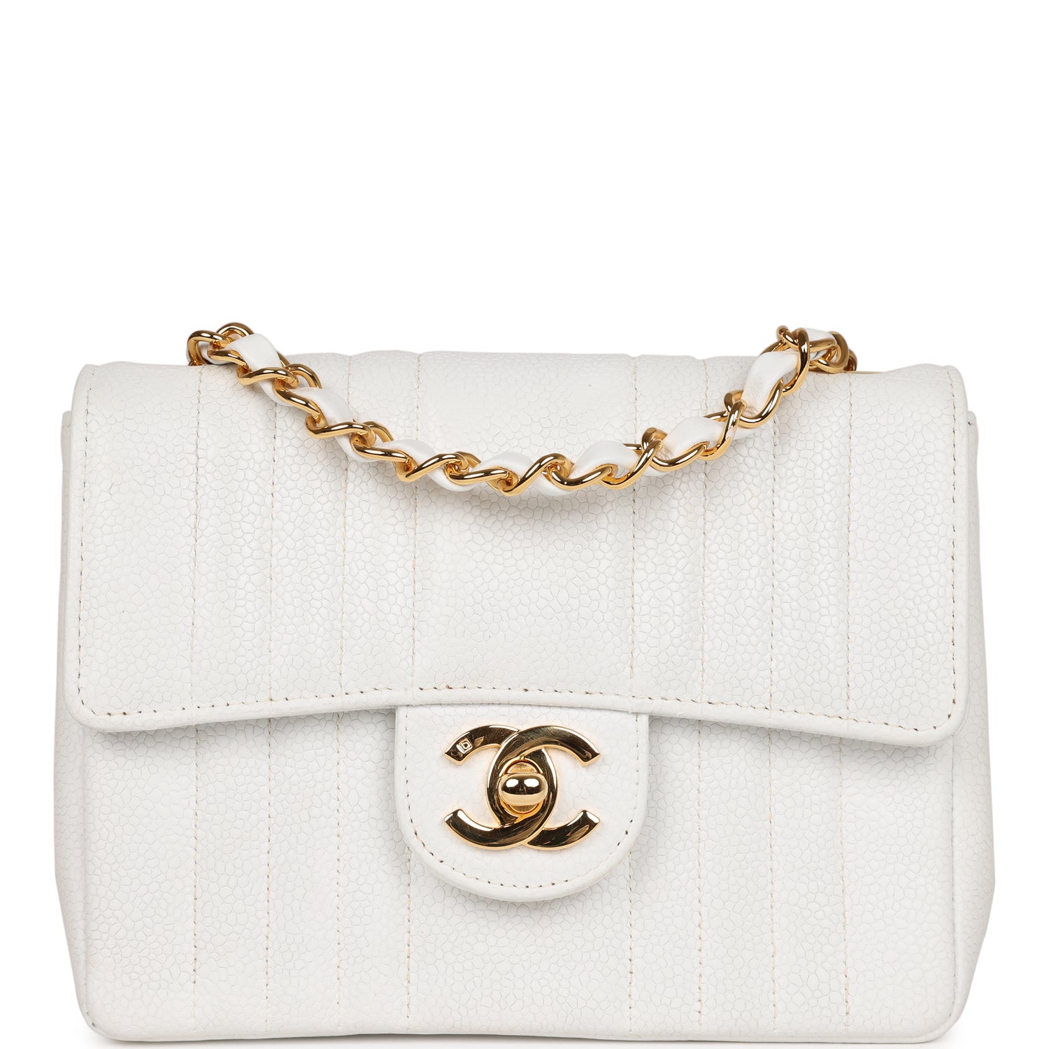 Chanel Vintage Mini Square Flap Vertical Stripe White Caviar Gold Hardware