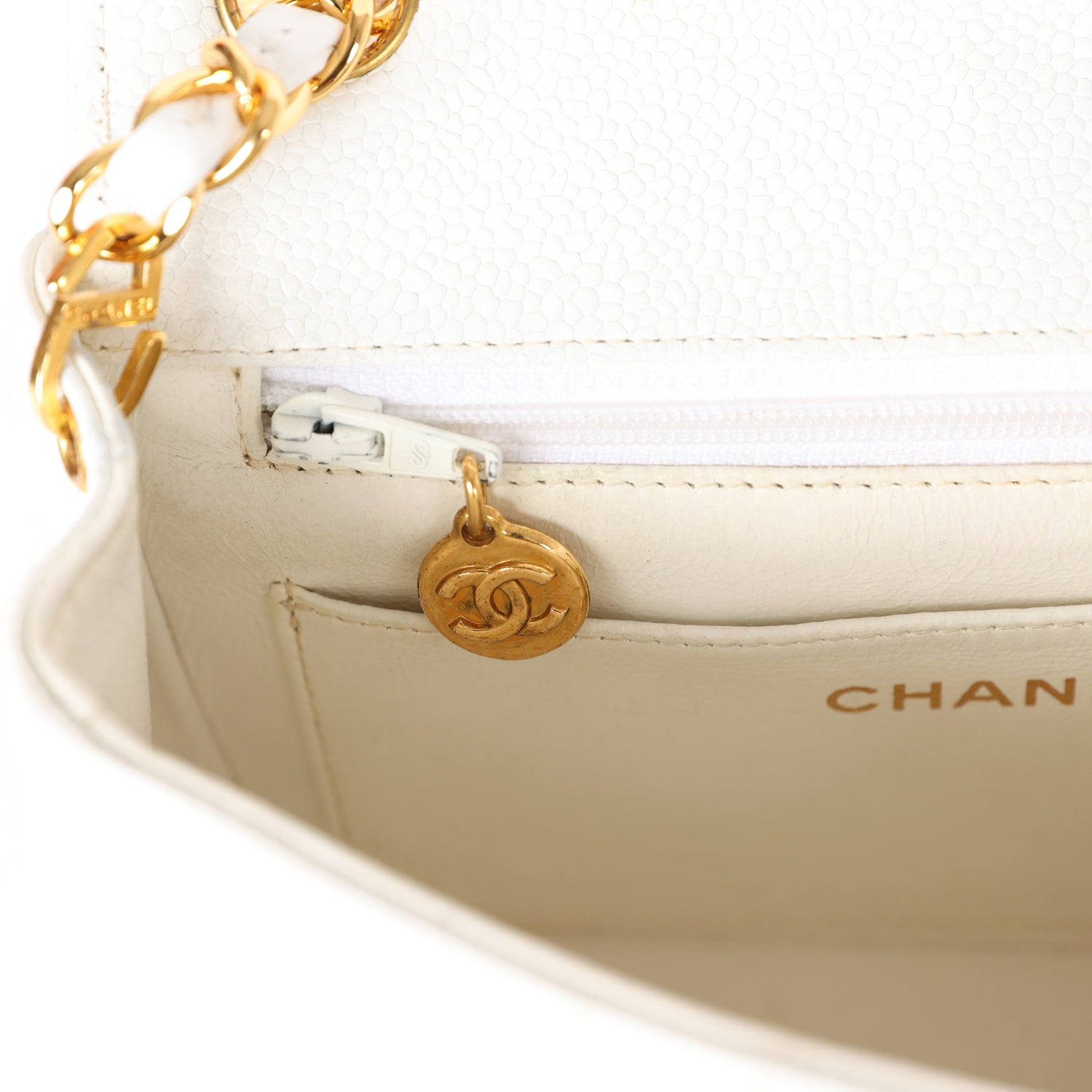 Chanel Vintage Mini Square Flap Vertical Stripe White Caviar Gold Hardware