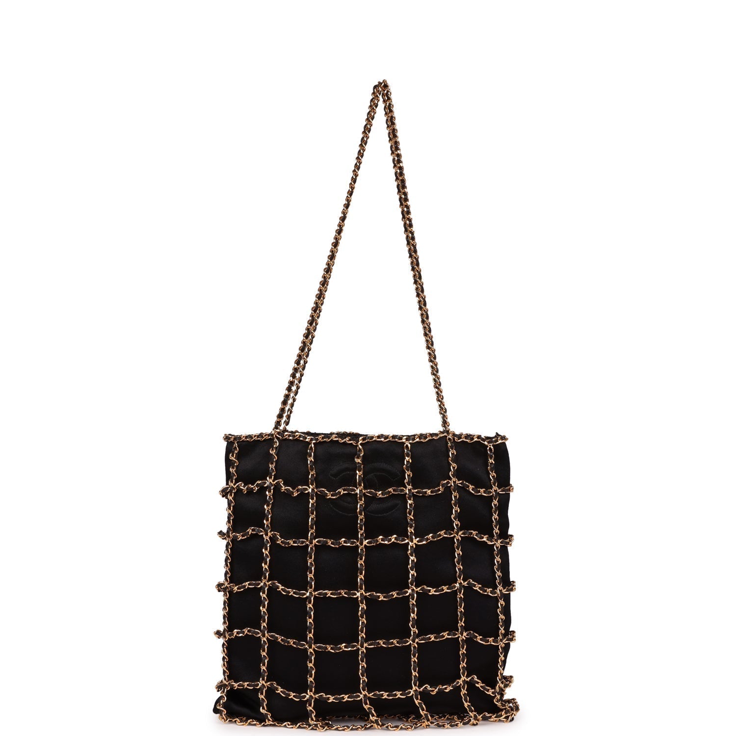 Chanel Vintage Chain Frame CC Shopping Tote Black Satin Gold Hardware