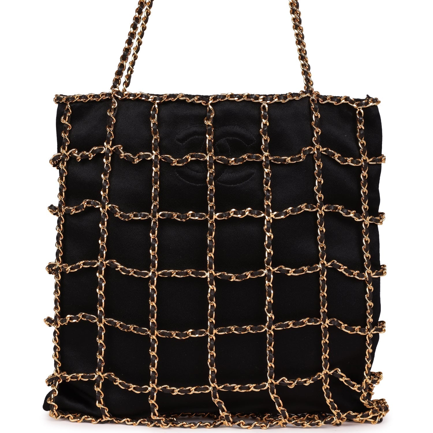 Chanel Vintage Chain Frame CC Shopping Tote Black Satin Gold Hardware