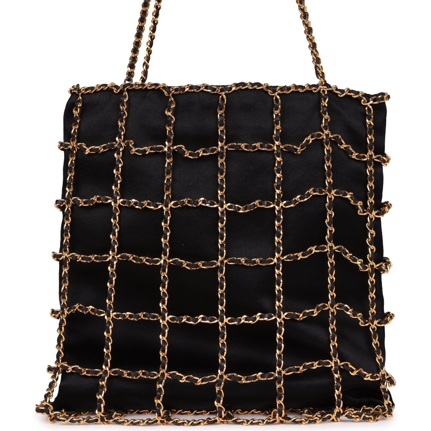 Chanel Vintage Chain Frame CC Shopping Tote Black Satin Gold Hardware