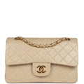 Chanel Vintage Small Classic Double Flap Beige Lambskin Gold Hardware