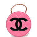 Chanel Vintage Round Vanity Bag Pink and Black Patent Leather Antique Gold Hardware